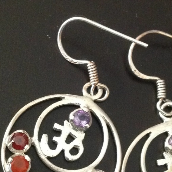 Sterling Rainbow Ohm Chakra Dangle Earrings Yoga - Picture 2 of 4